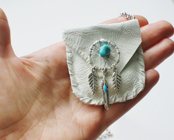 Leather Dream Catcher Pouch Necklace with The Prosperity Stones  set