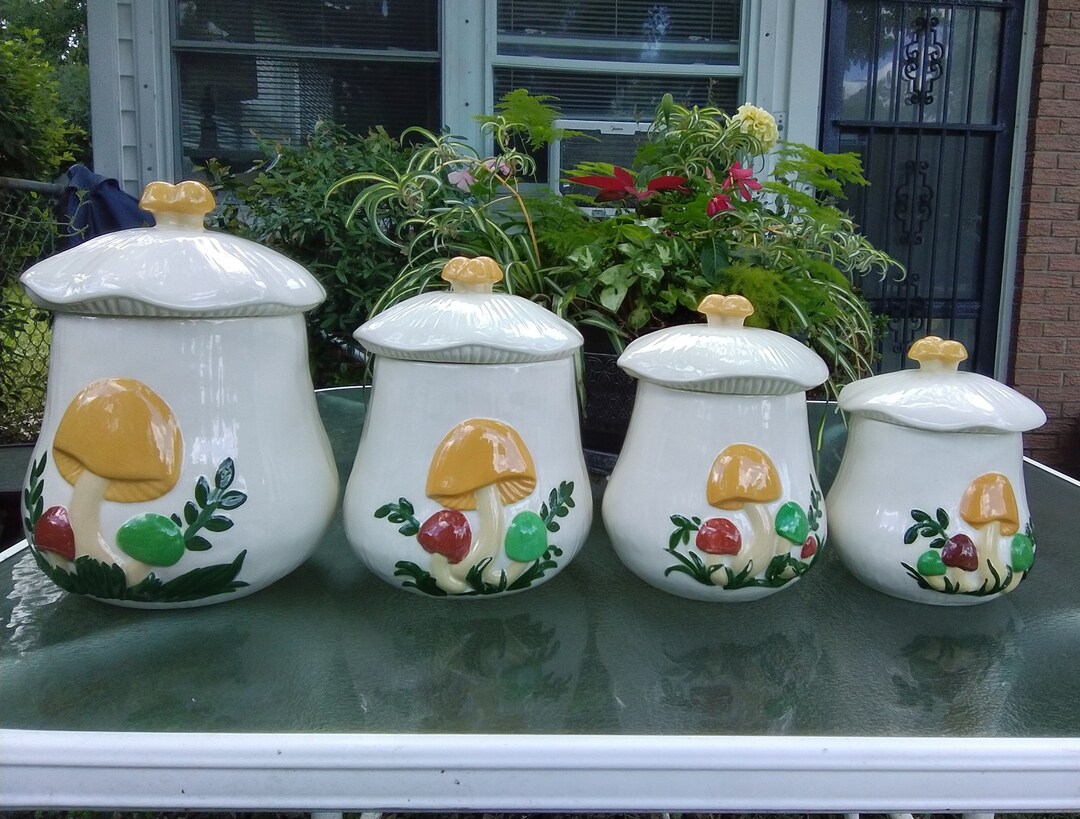 Mushroom Canister Set 4 Arnel's Vintage 1977 Hand Painted Mushroom