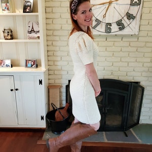 Crochet sweaterdress, warm dress, balloon sleeves dress, crochet white sweater, women&#39;s sweater, handmade dress, crochet dress