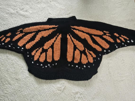 Monarch Butterfly Crochet Cardigan, Wing Sleeve Knit Sweater, Goth Whimsical Jacket