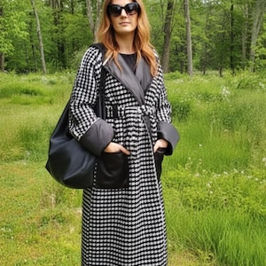 Crochet Houndstooth Coat Pattern: Classic Duster Jacket (PDF) in ENGLISH