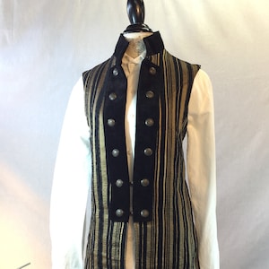 May include: A black and gold striped vest with a high collar and button closures. The vest has a velvet trim and is tailored for a slim fit.