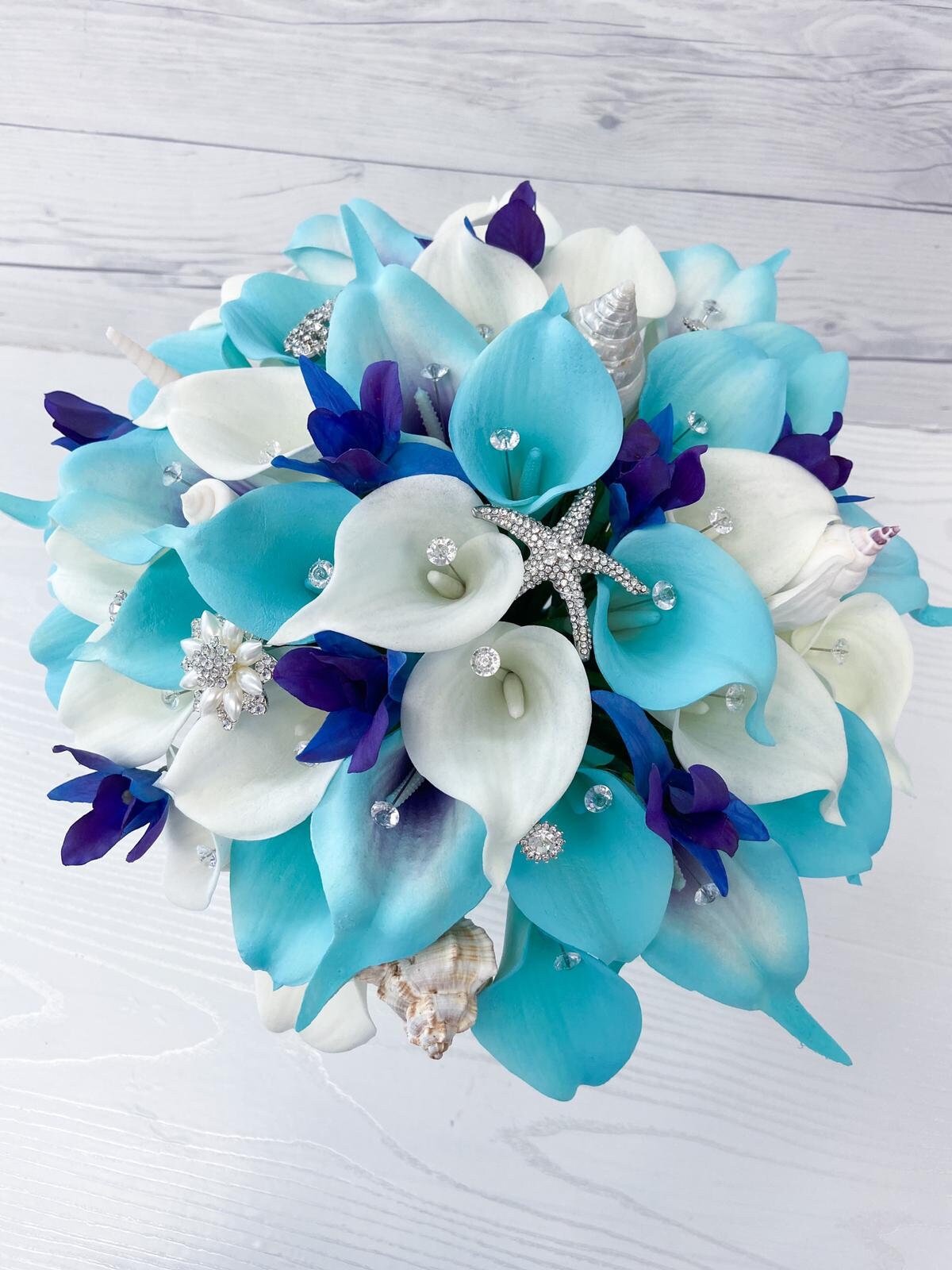 TEAL MAGENTA & WHITE CALA LILIES SILK WEDDING  BOUQUET & BOUT RUSH AVAILABLE 