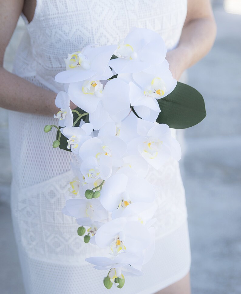 Phalaenopsis Elegant Orchid Teardrop Natural Touch Silk Flower Bride Bouquet SALE! Wedding Bouquet White Orchid Cascade