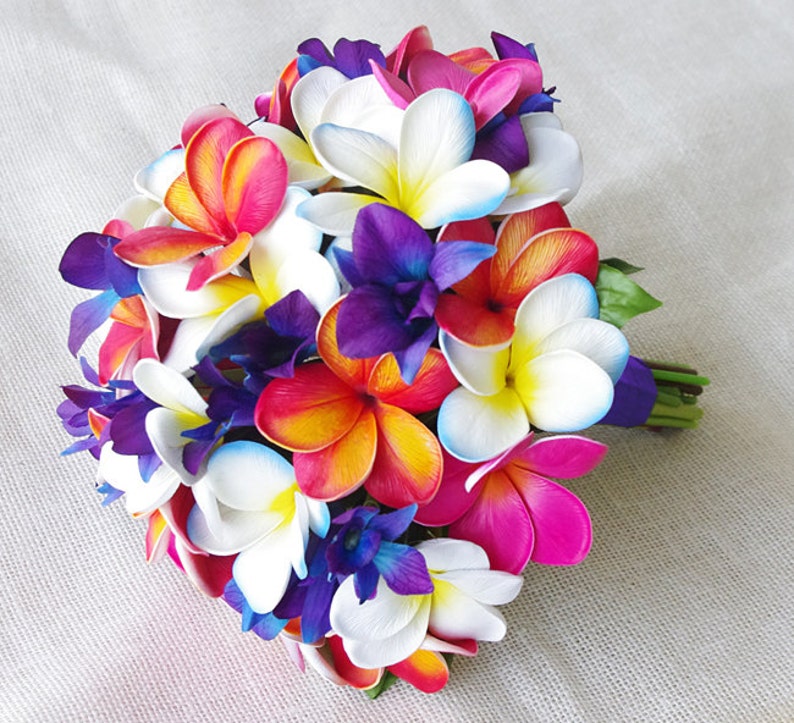 Wedding Silk Tropical Plumeria Bouquet Fuchsia Orange and ...