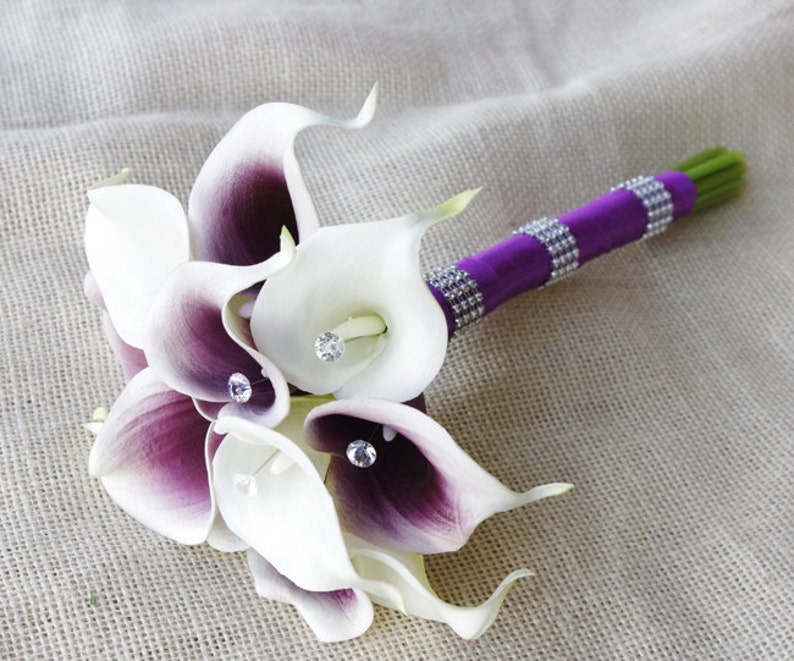 Silk Flower Wedding Bouquet Purple Heart and off White Calla | Etsy