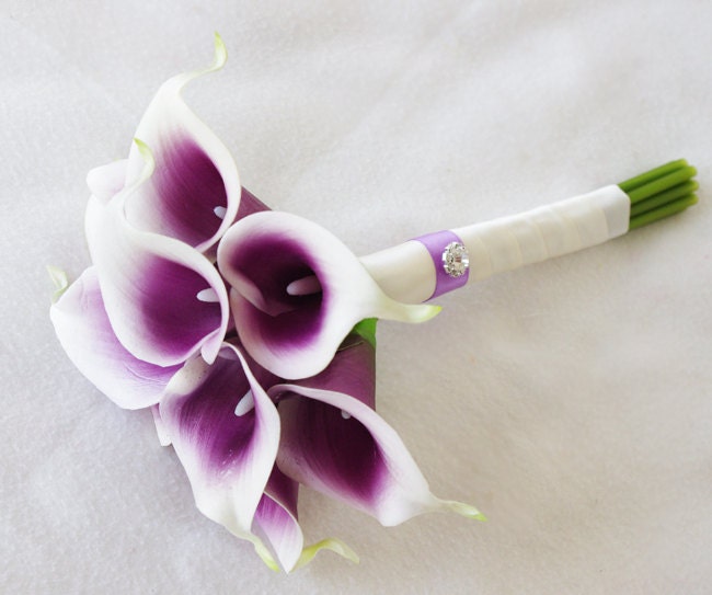Silk Flower Wedding Bouquet Purple Heart Calla Lilies | Etsy