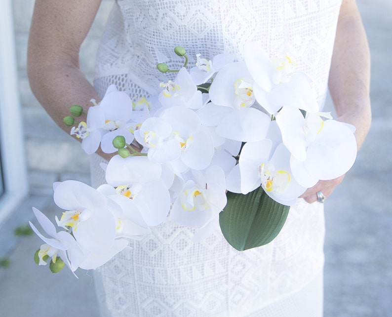 Phalaenopsis Elegant Orchid Teardrop Natural Touch Silk Flower Bride Bouquet SALE! Wedding Bouquet White Orchid Cascade