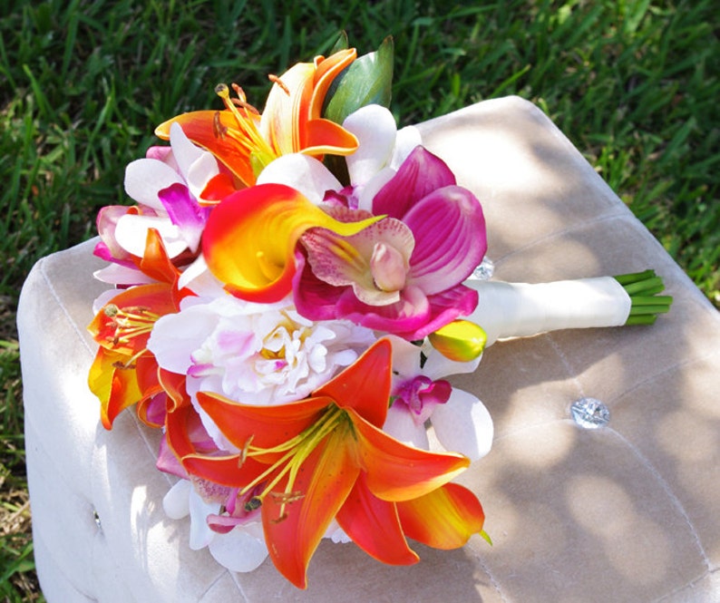 Tropical Wedding Bouquet Lilies Callas Orchids and Peonies ...
