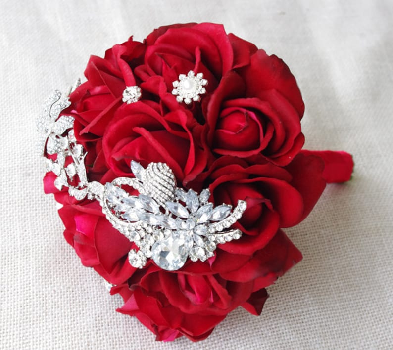Silk Red Brooch Wedding Bouquet Natural Touch Roses and | Etsy