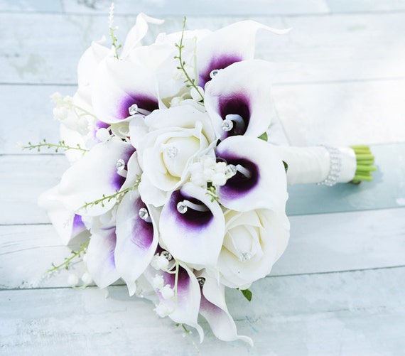 Wedding Bouquet Off White Roses And Purple Heart Calla Lilies Etsy
