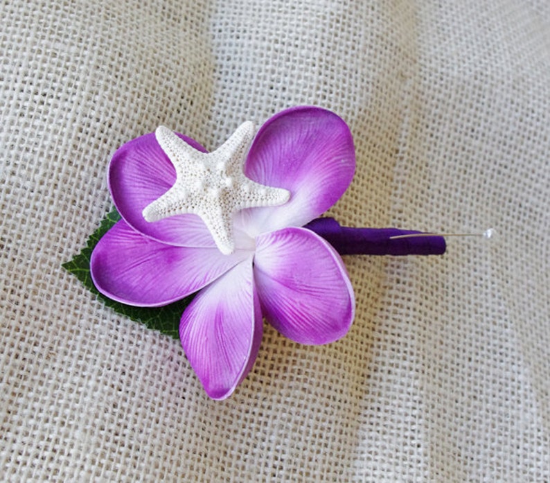 Starfish Boutonniere Silk Boutonniere Tropical Wedding Purple Boutonniere Silk Wedding Flowers Plumeria Boutonniere Purple Plumeria