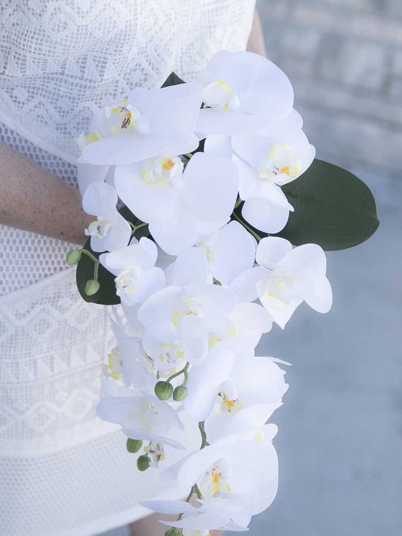 Phalaenopsis Elegant Orchid Teardrop Natural Touch Silk Flower Bride Bouquet SALE! Wedding Bouquet White Orchid Cascade