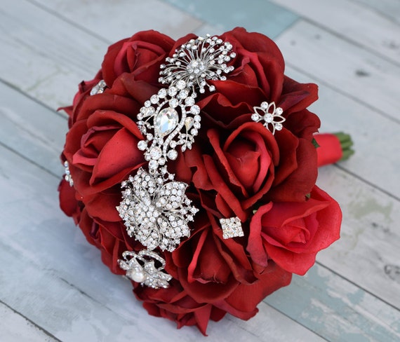Silk Red Brooch Wedding Bouquet Natural Touch Roses And Etsy