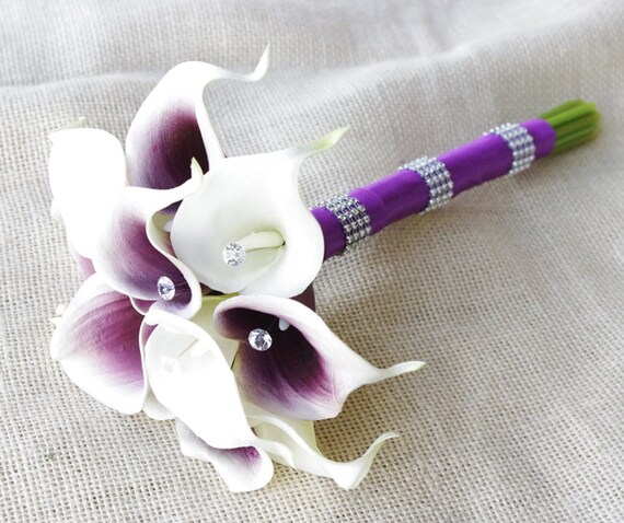 Silk Flower Wedding Bouquet Purple Heart and off White Calla | Etsy