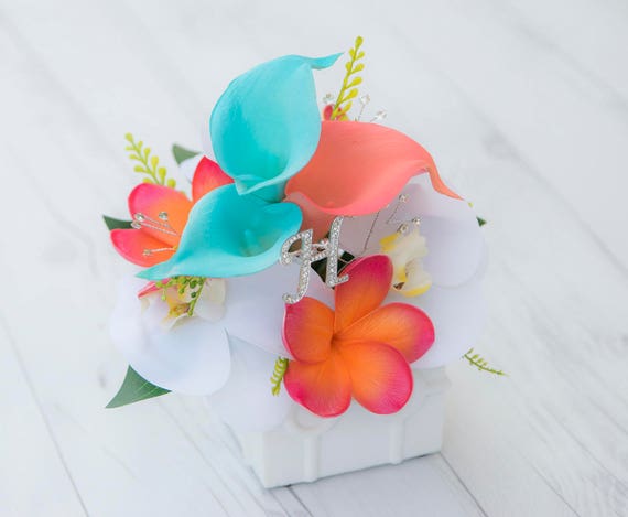Tropical Beach Wedding Cake Topper Coral Turquoise Wedding Etsy