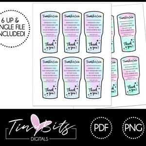 May include: Printable sheet with six tumbler care instructions. The instructions are written in black text on a white background with a rainbow ombre design. The text reads "Handwash Only, Not Dishwasher Safe, Do Not Soak, Avoid Extreme Heat". The sheet also includes the text "Thank You!" with stars.