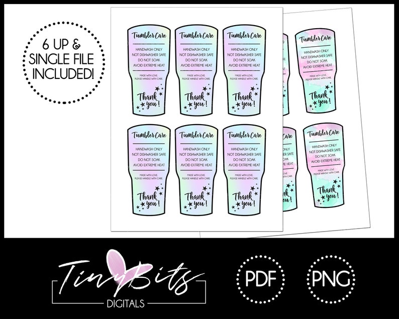 May include: Printable sheet with six tumbler care instructions. The instructions are written in black text on a white background with a rainbow ombre design. The text reads "Handwash Only, Not Dishwasher Safe, Do Not Soak, Avoid Extreme Heat". The sheet also includes the text "Thank You!" with stars.