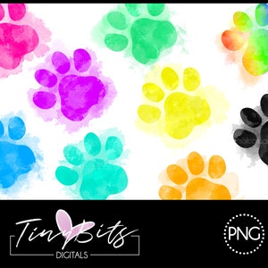 May include: A set of ten watercolor paw prints in various colors, including pink, purple, green, blue, yellow, orange, and black. The paw prints are on a white background.