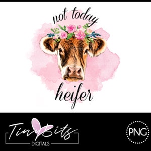 May include: A brown and white cow with a pink flower crown on its head. The cow is on a pink watercolor background with the text "not today heifer" written in black.