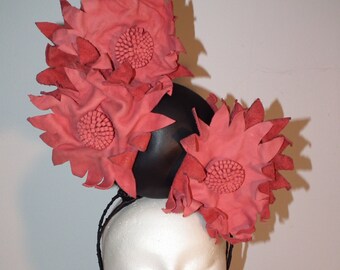 SUNFLOWERS ON SUNSET new salmon pink black racing fashion leather flower crown headpiece fascinator designer millinery melbourne cup ascot