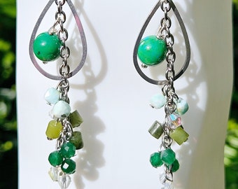 ATLANTIS green cascading bohemian ooak earrings green jade azurite amazonite chardonancy crystal gemstone dangle silver drop handmade event