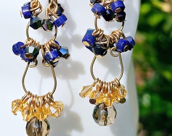 MISS KITTY BELLE cascading bohemian rustic beautiful ooak earrings genuine crystal gemstone lapis lazuli dangle silver drop handmade