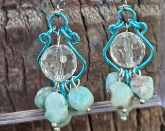 DAKOTA blue aluminium wire hand crafted tumbled larimar gemstones crystal dangles blue hooks silver drop earrings beads handmade wirework