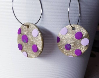 CLEO pretty purple sparkly twinkling gold mauve circle fashion contemporary polymer clay earrings drop dangle pattern ooak simplistic style