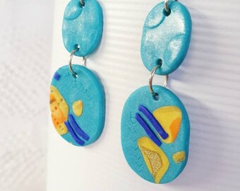 BEACH LIFE Australian beach summer beach happy cheery earrings fun art bright clay drop style dangle funky abstract yellow blue gold shine