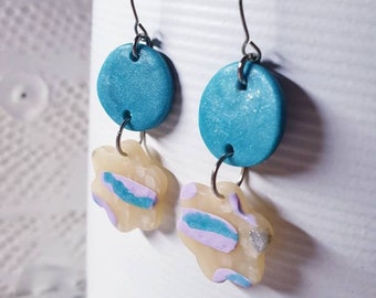 ROCK POOLS blue round clay drop earrings Australian beach summer beach party fun art polymer dangle funky abstract blue teal pink