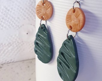 LEAFY GREENS textured  patterned abstract forest dark green teardrop nature earrings polymer clay work drop dangle art brass modern women