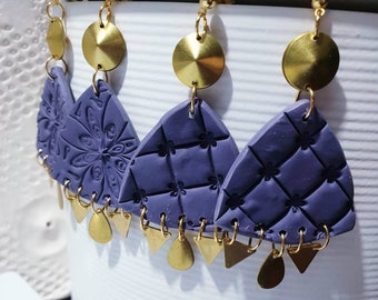 ZARA/EDEN big indigo purple oversized embossed clay dangles brass polymer clay earrings drop statement bohemian ooak fashion unique amazing