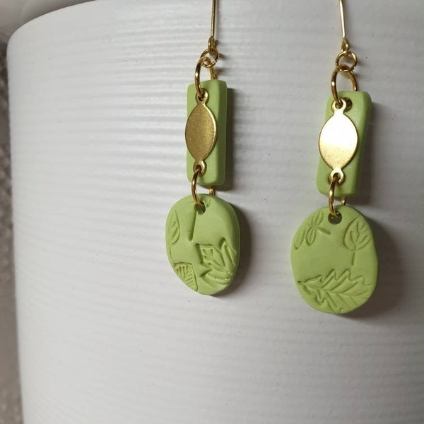 PISTACHIO lime green botanical leaf pattern brass dangle polymer clay drop dangly earrings spring summer dangle gift designer bling fashion