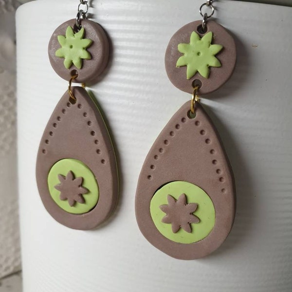 PISTACHIO statement lime green mocha brown large drop dangle big flower inlay polymer clay dangly earrings summer dangle gift party fashion