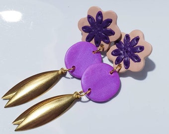 VARNII regal royal beautiful purple mauve gold double brass flower long dangles earrings day night wear clay dangle statement fashion style