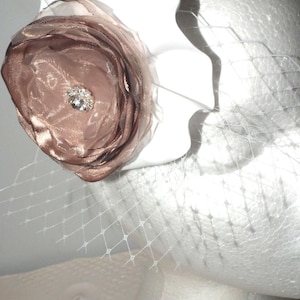 ELYSIAN bridal wedding silk headpiece brown mocha cappuccino white netting net veiling diamonte sparkle Watt Millinery fascinator