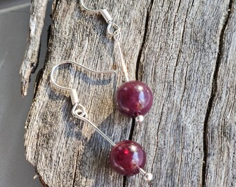 DEW DROPS garnet gemstone crystal dangle earrings simplistic minimalist dark red beads handmade wirework work weekend shopping gift present