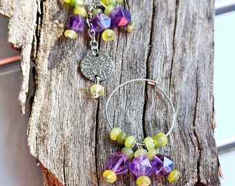 TROPICAL VIBES lemon jade amethyst gemstone crystal dangle hoops silver disc drop earrings beads handmade wirework weekend party nightlife