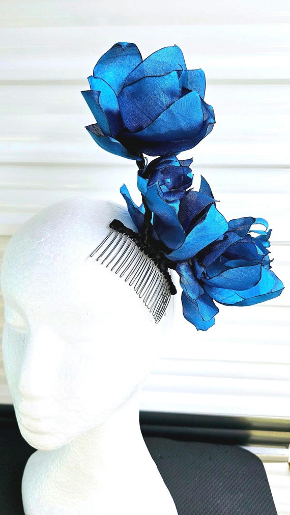 VALERIE Statement Floral Fascinator Teal Blue Silk Taffeta 