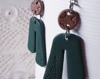 LEAFY GREENS textured  patterned U shape forest dark green assymetrical earrings polymer clay work drop dangle art new brass modern women