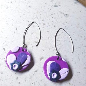 STUDIO VIOLET Clay Statement Earrings, Purple Floral Textured Dangle, Unique Artsy Gift, Work to Event Jewelry, Free Shipping Australia