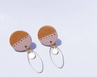 GINGER two tone gold camel brass hoop dangles modern simplistic neutrals abstract round circle earrings polymer clay dangle arty modern dots