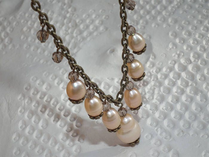 AVALON Gorgeous Romantic Pearl Necklace V Design Champagne Peach Neutral  Baroque Double Cultured Feature Pearls Antique Brass Exclusive Wow - Etsy