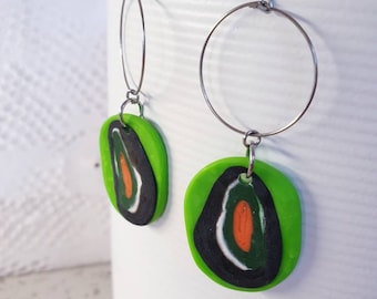 TRANCE white orange green black cool hip organic shape earrings polymer clay work nightlife drop dangle art statement boho women teenager