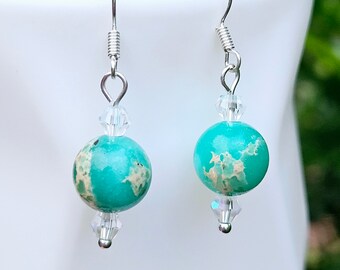 CORFU LAGOON green  greece waters bohemian sea blue sea sediment  jaser pooak earrings crystal gemstone dangle silver drop handmade gift luv