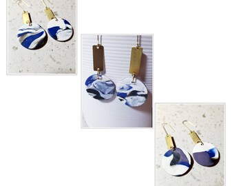 HYDRA blue black white gold swirl modern stylish happy contemporary newearrings art clay drop style dangle ocean abstract brass blue shine