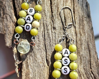 BAD ASS quirky fun ooak word earrings green jade flourite crystal gemstone dangle silver drop earrings beads handmade event arty nightlife