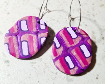 MEILIA patterned purple mauve pinkboho chic hoops silver clay art earrings minimalist simple spring clay modern contemporary clay love gift