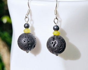 BRONX black lava stone lemon yellow jade hematite gemstone crystals dangle simple hooks silver drop earrings goth beads handmade wirework